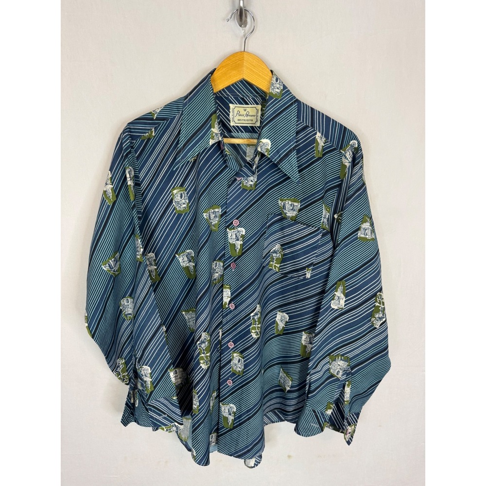 Vintage‎ 70s Prince Romano Blue Striped Print Polyester Disco Shirt Men XL